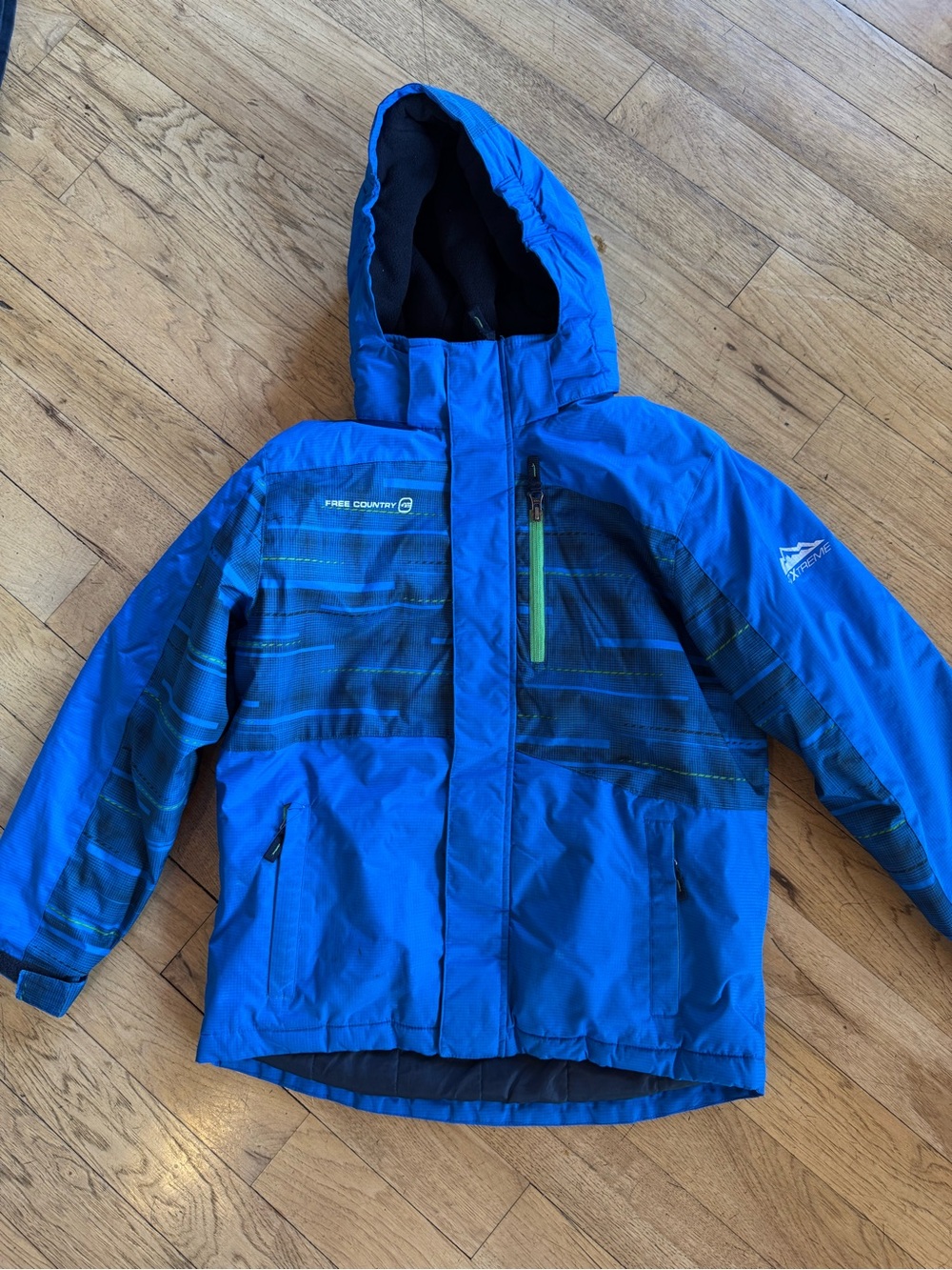 Free Country Royal Blue Hooded Kids Puffer Jacket with Navy Stripe Accents